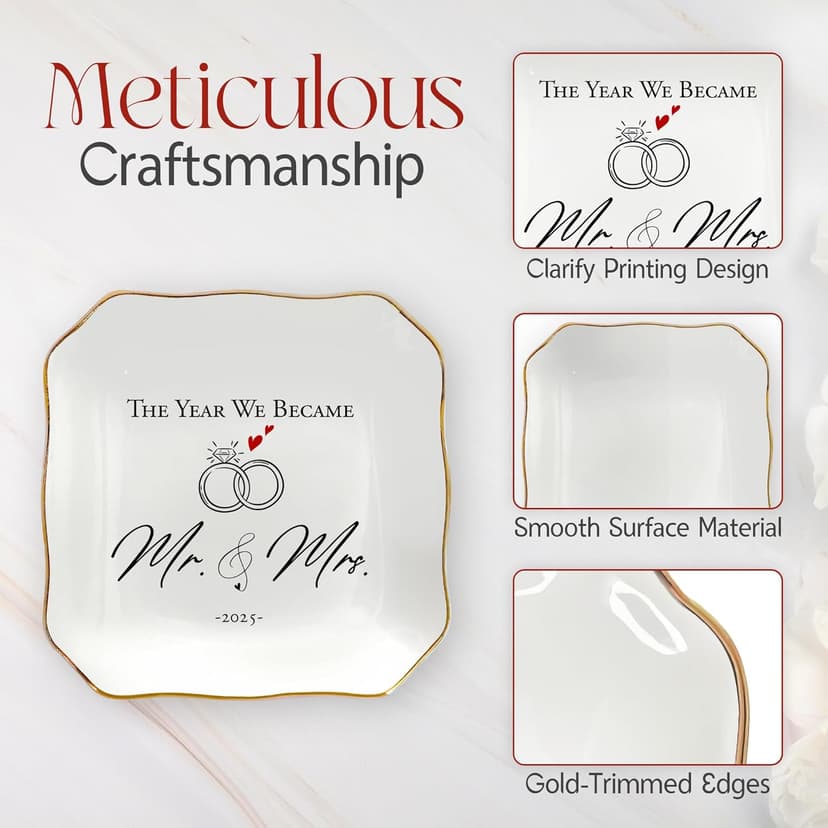 OASSIE Wedding Gifts for Couple 2025 - Mr & Mrs 4"x4" Ceramic Jewelry Dish Tray - Bridal Shower Gifts for Women, Marriage Gift Ideas, Anniversary Engagement Gifts for Couples, Jewelry Holder Dish