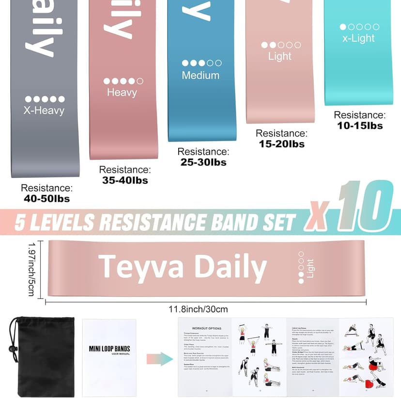Teyva Daily 50 Pcs Resistance Loop Exercise Bands for Booty Workout Stretch Exercise Bands 5 Level Each Set with Storage Bag Non Slip for Legs Squat Resistance Loop Women Men Fitness
