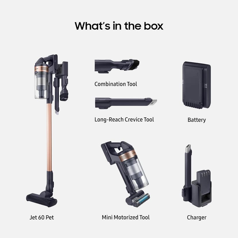 Samsung Jet 60 Pet Cordless Stick Vacuum Cleaner w/ Removable Battery, Advanced Floor Cleaning, Jet Fit Brush to Clean Hardwood, Carpet and Tile, Lightweight Design, VS15A6032R7, Rose Gold