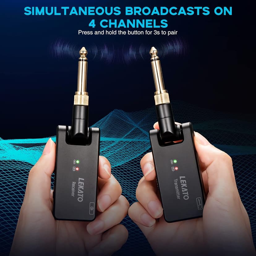 LEKATO Wireless Guitar System with Charging Case, Rechargeable 2.4GHz Wireless Transmitter Receiver Guitar Wireless System 4 Channels with Dual Plugs 3.5mm/6.35mm,(WS-100)