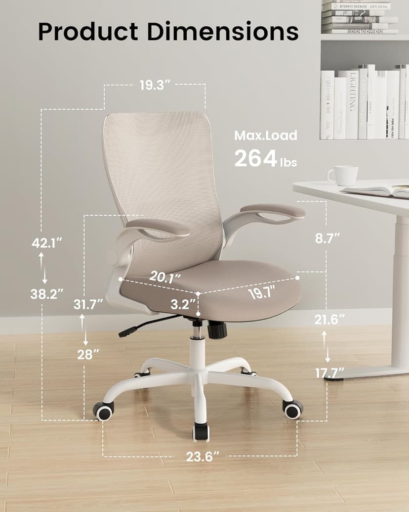 MUXX.STIL Office Chair, Ergonomic Desk Chair with Adjustable Lumbar Support and Flip up Armrest, Breathable Mesh Computer Chair for Home Office, Khaki