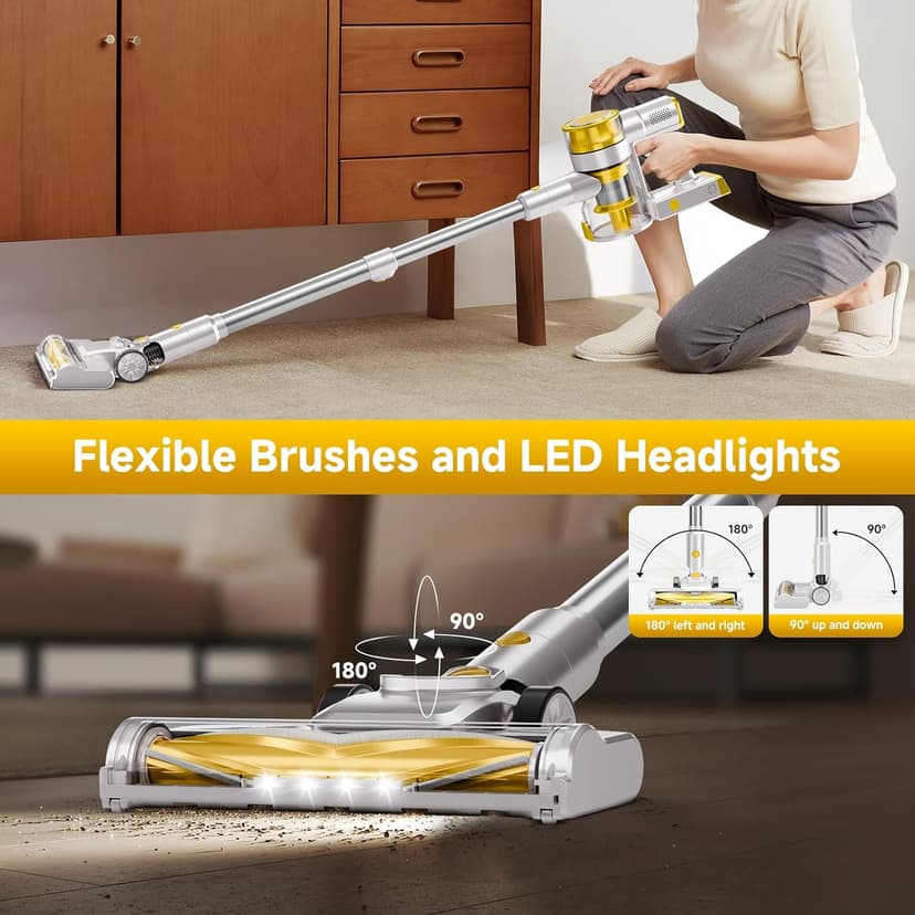 Cordless Vacuum Cleaner, 35Kpa Vacuum Cleaner for Home, 45Mins Stick Vacuum with LED Display, Anti-Tangle & Wall Mount Charging, 6 in 1 Lightweight Vacuum for Hard Floors, Carpet, Pet Hair (yellow)