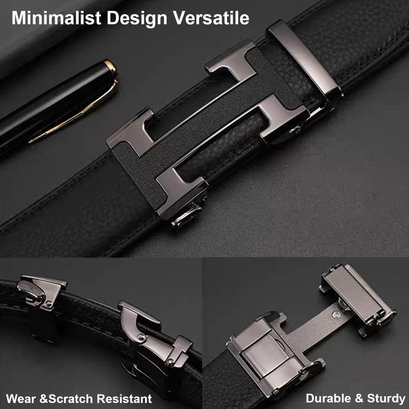 VJK Men's Leather Belt Ratchet Belt Dress with Premium Leather Slide Belt with Easier Adjustable Automatic Buckle Casual Accessories for Every Occasion (49in)