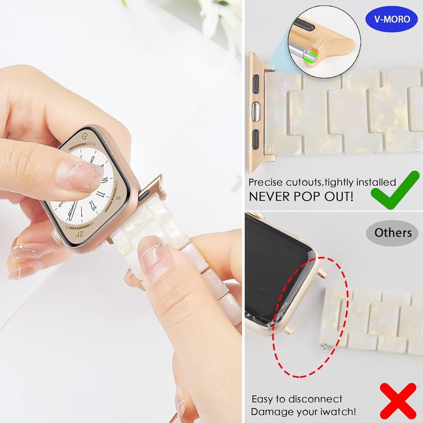 V-MORO Resin Band Compatible with Apple Watch Series 7/8/9/10/11 41/40/38/42mm, Women Fashion Strap for iWatch Series 6/5/4/3/2/1/SE, Lightweight Bracelet Wristband Replacement, Ivory White-Rose Gold