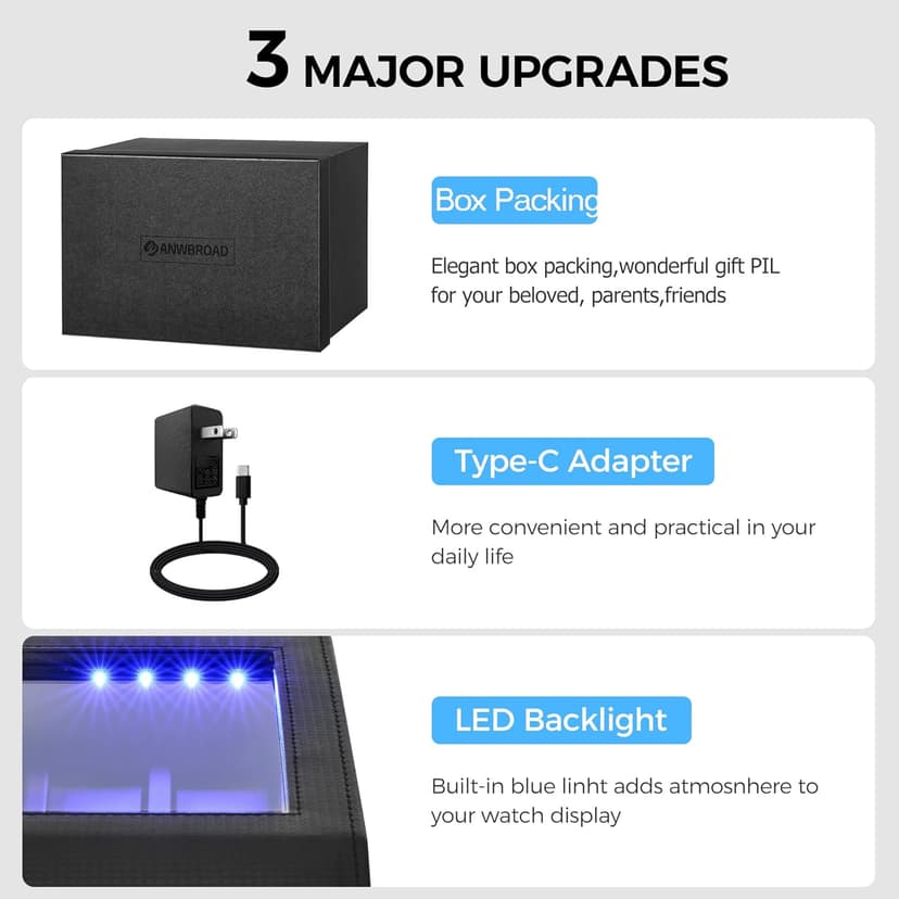 ANWBROAD ANWBROAD Watch Winder for Automatic Watches 4 Watch Rotator and 6 Extra Storages with Super Quiet Motor and LED Backlight Turner Carbon Fiber Shaker 5 Rotating Modes USB UJWW002F