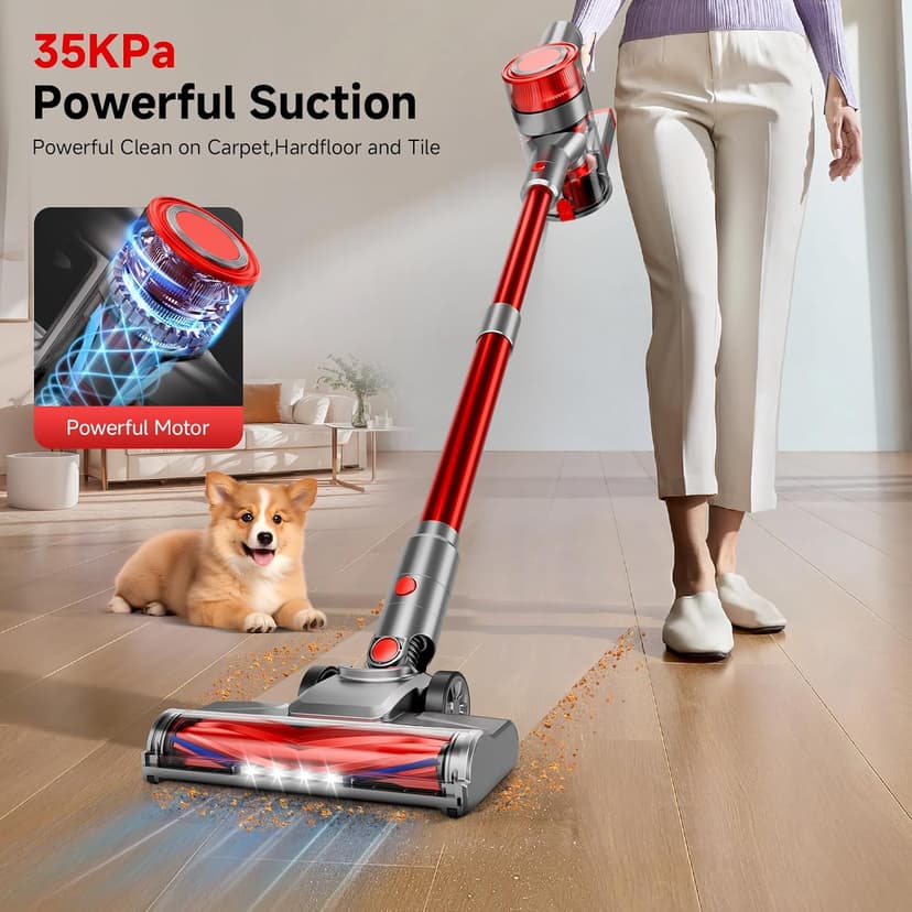 fenhua Cordless Vacuum Cleaner, Powerful Stick Vacuum Cleaner for Home with Rechargeable Battery, 6-in-1 Lightweight Handheld Vacuum, 45 Mins Runtime for Hardfloor & Carpets Pet Hair (red)