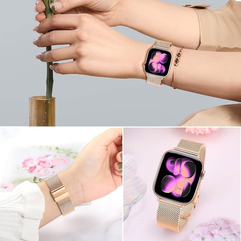 TRUMiRR Band Sets for Apple Watch 11 10 42mm / 9 8 7 41mm Rose Gold Women, 2 Pack Solid Stainless Steel Watchband + Mesh Strap for iWatch SE 3 2 Series 6 5 4 3 2 1 40mm 38mm