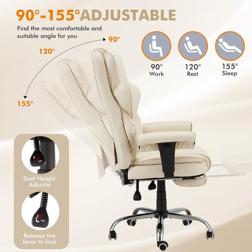 HOMREST 6-Point Massage Executive Chair,Heat Office Chair,Ergonomic Home Office Desk Chairs with Retractable Footrest and Reclining Function,Leather Computer Chair with Adjustable Armrest(‌Off White)