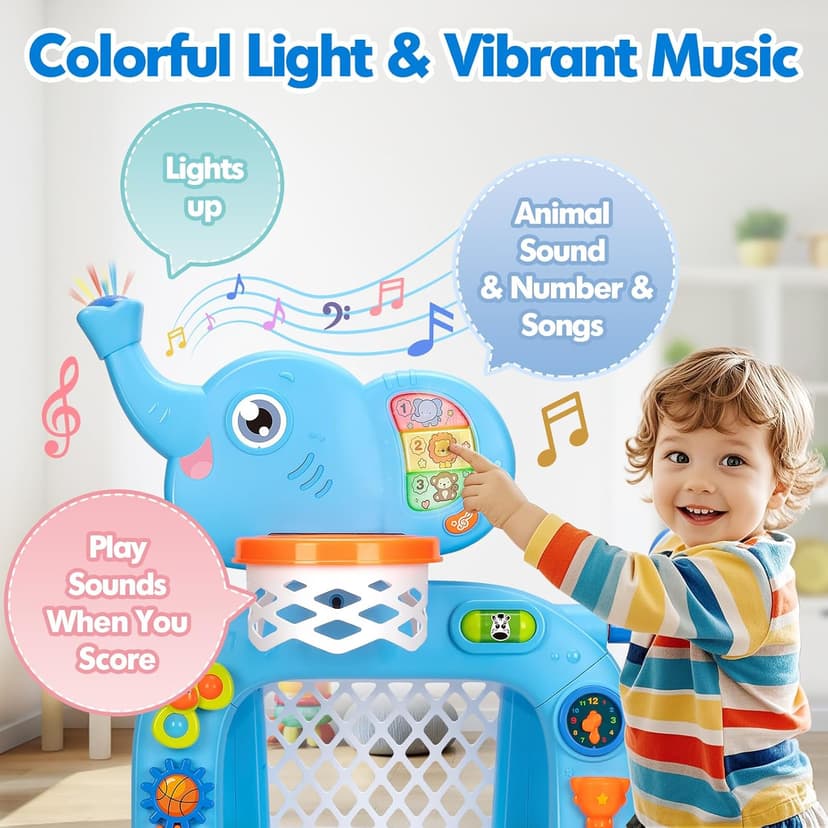 Toddler Basketball Hoop & Soccer Goal, Toys for 1 2 3 Year Old Boys Girls, Kids Sports Toy with Light Sound Music, Montessori Toys for Baby 12-18 Months, Christmas Birthday Gifts for Ages 1-3(Blue）