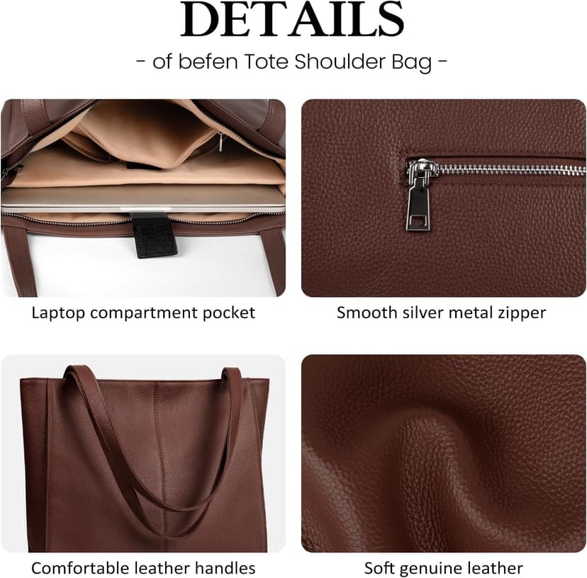 befen Genuine Leather Tote Bag for Women Work, Women's Leather Shoulder Bags Purses Satchel Handbags with Laptop Compartment