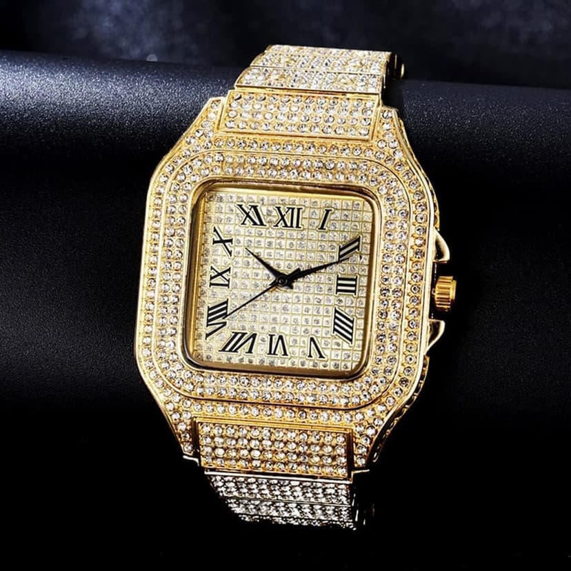 Apzzic Diamond Iced Out Watch CZ Gold Plated 40mm Width Roman Numerals Dial Quartz Wristband Watch for Men Women