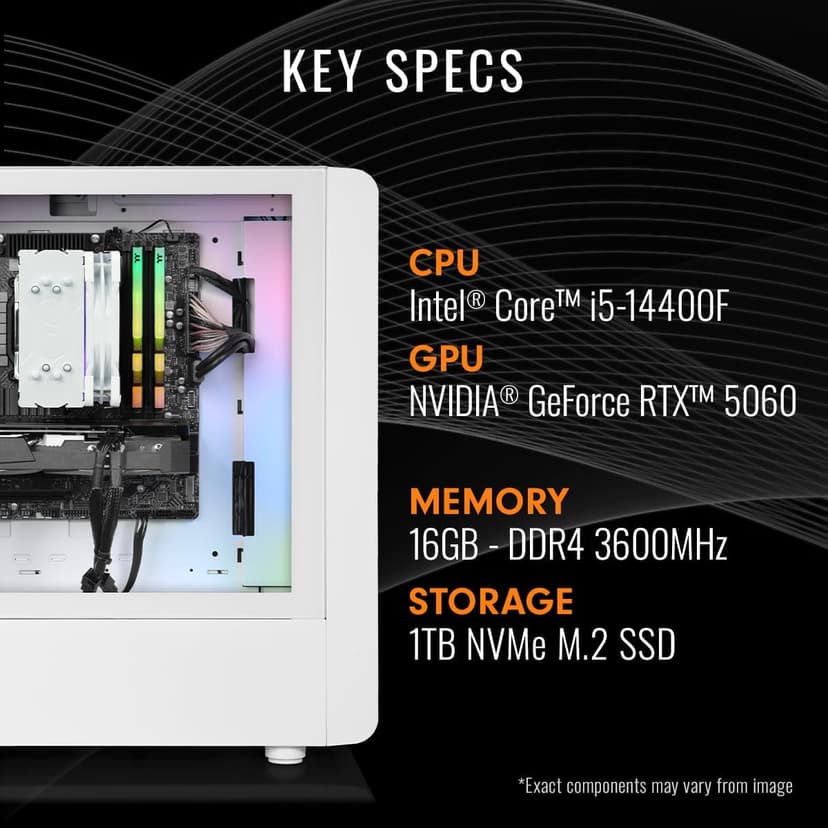 Thermaltake LCGS Quartz i1460 Gaming Desktop (Intel Core™ i5-14400F, ToughRam DDR4 3600Mhz 16GB RGB Memory, NVIDIA GeForce® RTX 5060, 1TB NVMe M.2, WiFi, Windows 11) S2QT-B760-560-LCS