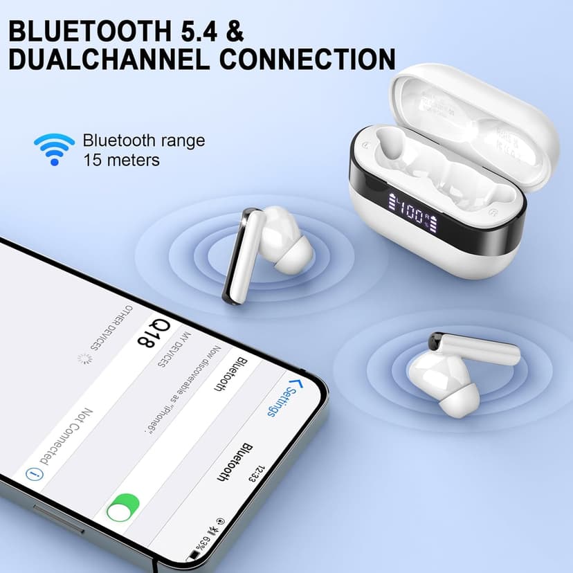 Wireless Earbuds, 2025 Bluetooth 5.4 Headphones Bass Stereo, Ear Buds with 4 Mics ENC Noise Cancelling, Bluetooth Earbuds 48H Playtime LED Display Charging Case, IP7 Waterproof in Ear Earphones white