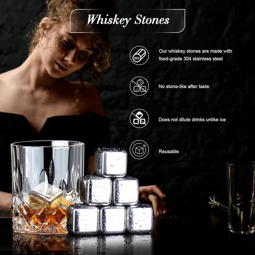 Whiskey Set Gifts for Men, DIOXADOP 6 Stainless Steel Whisky Stones 2 Crystal Whisky Glasses 1 Blessing Card in a Exquisite Wooden Box, Prepare a Gift for Whiskey Scotch Bourbon Lover