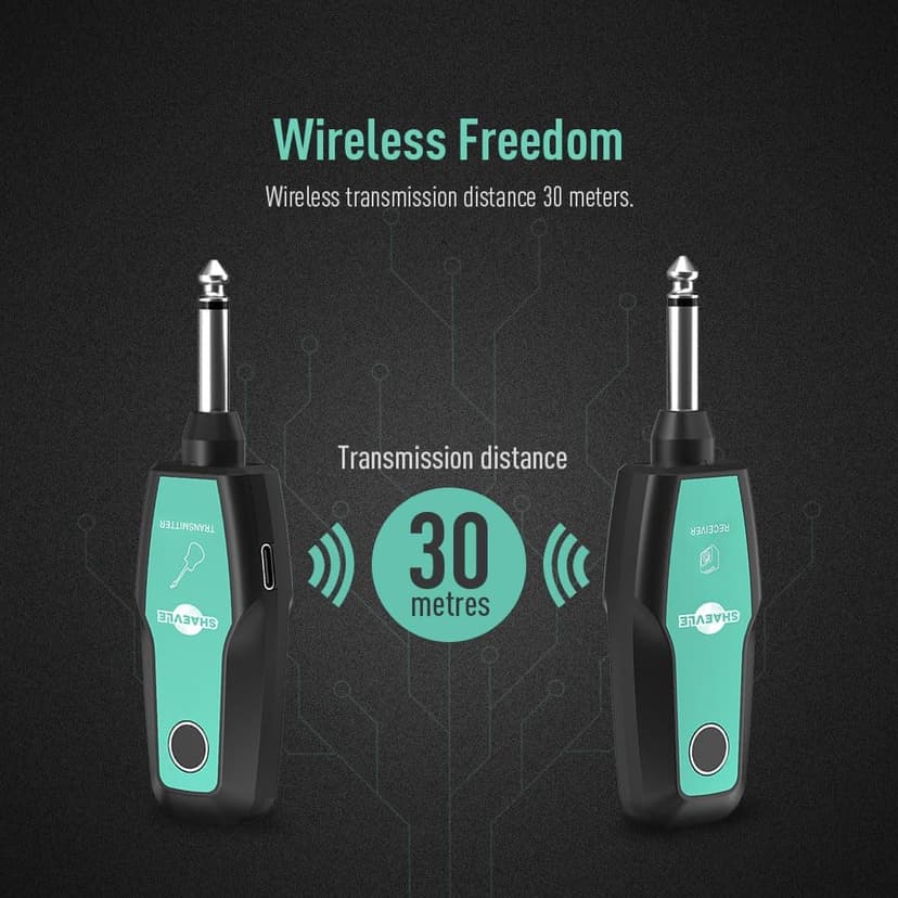 Wireless Guitar System 2.4GHz, Audio Wireless Transmitter Receiver with Rechargeable Battery, 30M/100ft Transmission Range, Auto Frequency Locking, for Guitar Bass Electric Instruments