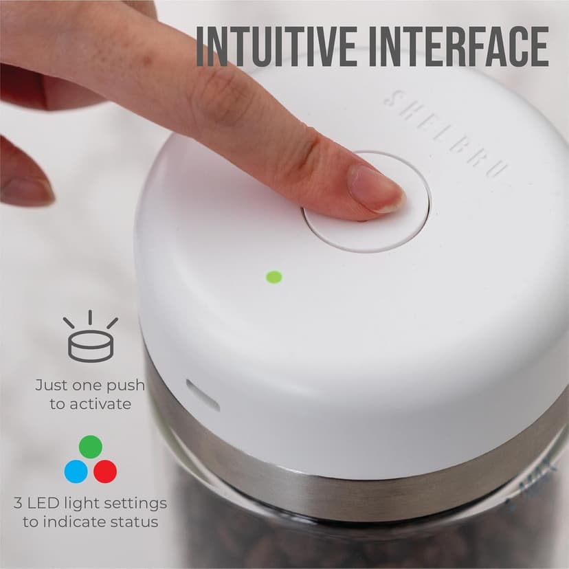 SHELBRU Smart Coffee Container & Food Storage w/Electric Vacuum Seal, Airtight Coffee Canister for Whole & Ground Bean Storage, Durable Borosilicate Glass Jar, Charging Cable Included, 10.5oz / 250g