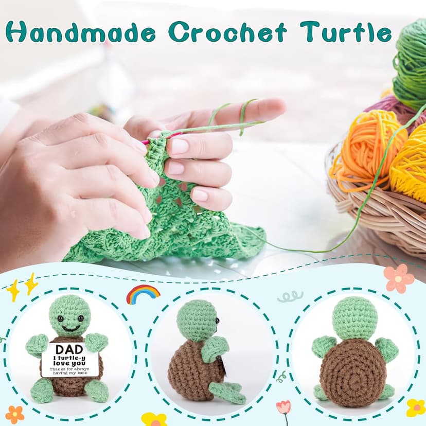 Mini Funny Turtle Dad Gifts from Daughter Son Wife, Birthday Gifts for Dad Father Daddy Presents, I Love You Small Cute Stuff Things, Handmade Emotional Positive Crochet Turtle