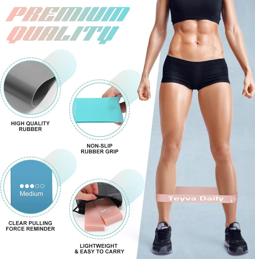 Teyva Daily 50 Pcs Resistance Loop Exercise Bands for Booty Workout Stretch Exercise Bands 5 Level Each Set with Storage Bag Non Slip for Legs Squat Resistance Loop Women Men Fitness