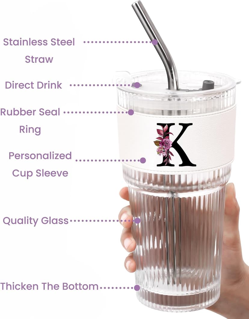 Initial Glass Cup with Lid Straw Ribbed Ice Tea Clear Tumbler Her Sister Coffee Matcha Latte Girlfriend Gf Aunt Best Friend Friendship Bestie Wife Cute Asthetic Unique Birthday Personalized Gift K