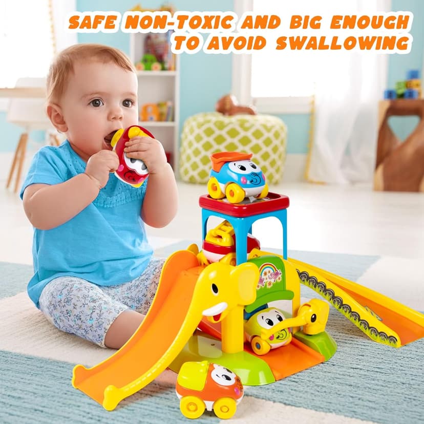 Marstone Toddler Toys for 1 2 Year Old Boys and Girls Gifts: Educational Elephant Slide with 4 Animal Cars Toys for Baby 12-18 Months, First Birthday Present Learning Push Truck Track Ages 1-2