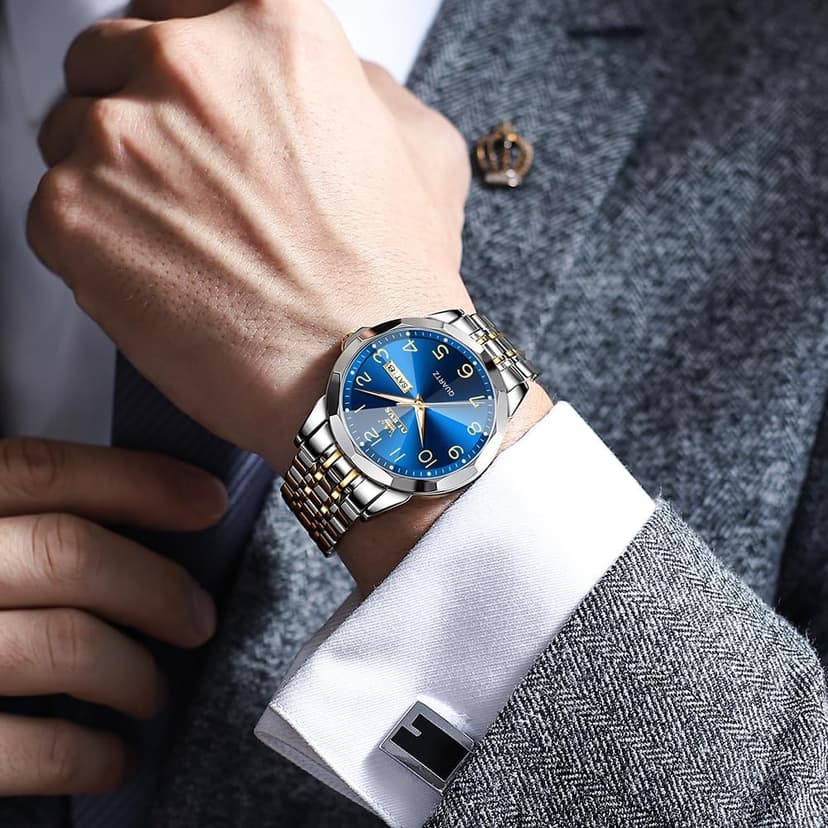 OLEVS Men's Casual Stainless Steel Watch, Big Face Easy to Read Analog Quartz Watch with Day and Date, Classic Waterproof Diamond Roman Arabic Numerals Dial Dress Watch for Men, Gold Silver Black Band