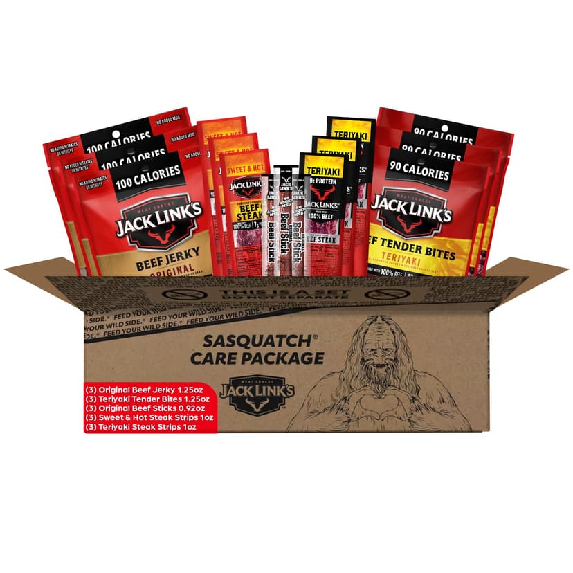 Jack Link's Beef Jerky Gift Basket Variety Pack - Includes Jerky, Meat Sticks, and Beef Steaks, Great Gift for Men, Perfect Hunting Trip Snacks, 15-Piece Assorted Meat Snack Pack