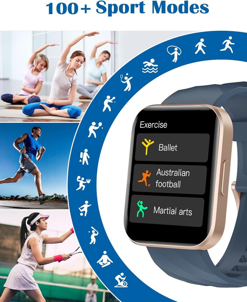 RUIMEN Smart Watches for Women Men (Answer/Make Calls) Compatible with iPhone/Android Phones, 1.85" HD Screen Fitness Tracker Heart Rate Monitor 100+ Sports Tracker Watch Waterproof (Blue)