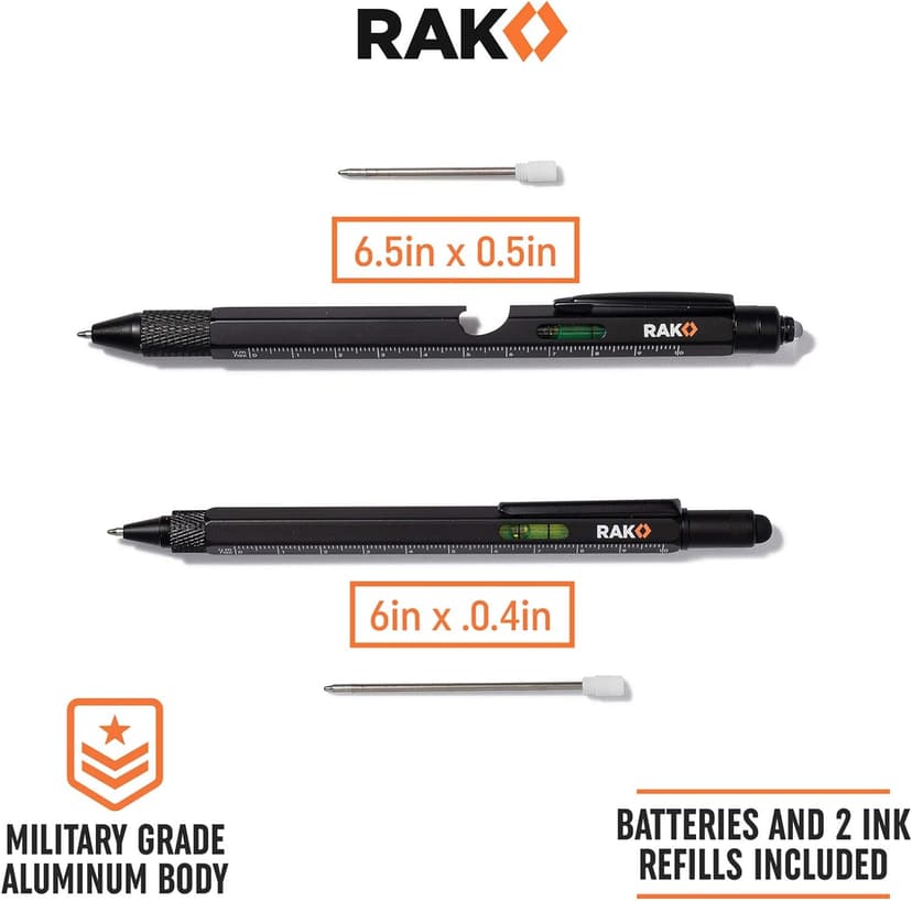 RAK Multitool Pen - Multi-Tool Pens, LED Light, Flathead, Phillips Screwdrivers, Level, Ruler, Bottle Opener, and Stylus. Cool Gadgets Gifts for Men, Dad, EDC Pen Tool, Gift-Ready Box, Pack of 2