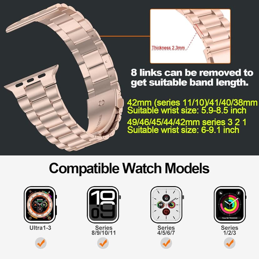 iiteeology Lightweight Stainless Steel Band Designed for Apple Watch Series 1-11, 42mm, 41mm, 40mm, 38mm, SE2&SE3, Replacement iWatch Bands for Women, Rose Gold