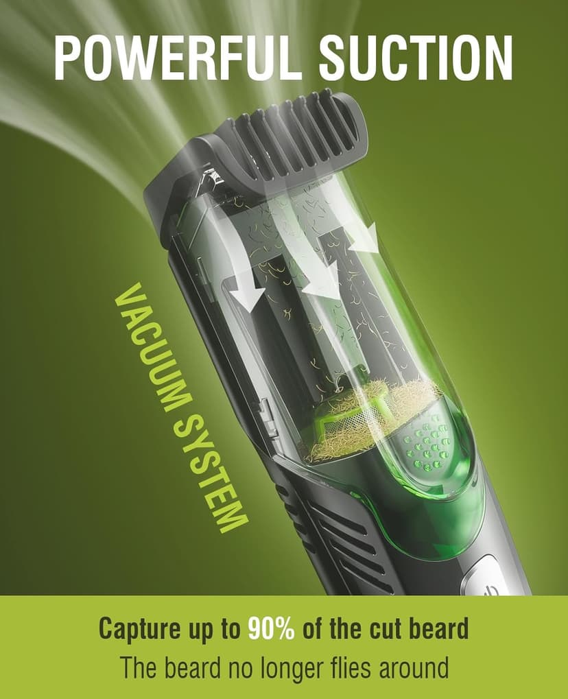 SHPAVVER Beard Trimmer for Men: Vacuum Trimmer for Less Mess -IPX7 Waterproof- Rechargeable Electric Beard Cutting Kit with Adjustable Length Comb-Built-in Vacuum for Mustache -Gift for Men