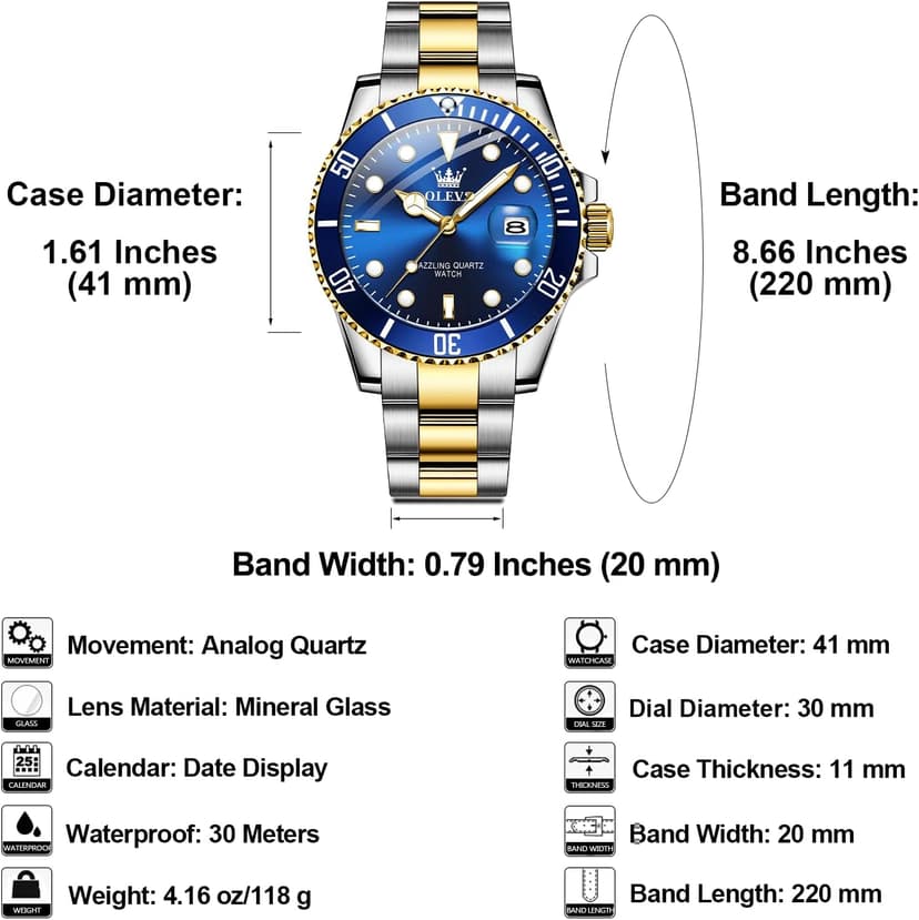 OLEVS Men's Stainless Steel Watch, Big Face Easy to Read Analog Quartz Dress Watches, Classic Rotating Bezel Waterproof Luminous Hands Date Mens Wristwatch
