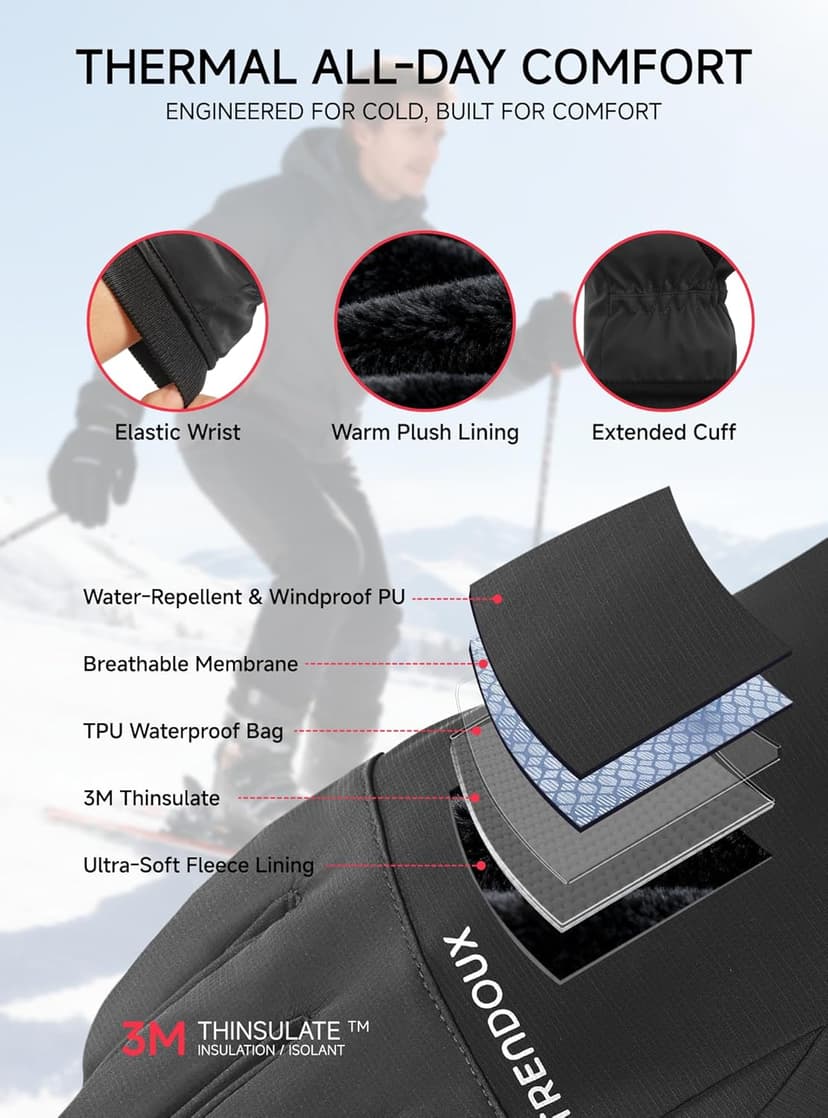 TRENDOUX 100% Waterproof Windproof Gloves: 3M Touchscreen Ski Snow Winter Gloves for Men Women Cold Weather, Thermal Warm Lined for Snowboarding Skiing Driving Running Cycling Texting Typing Biking