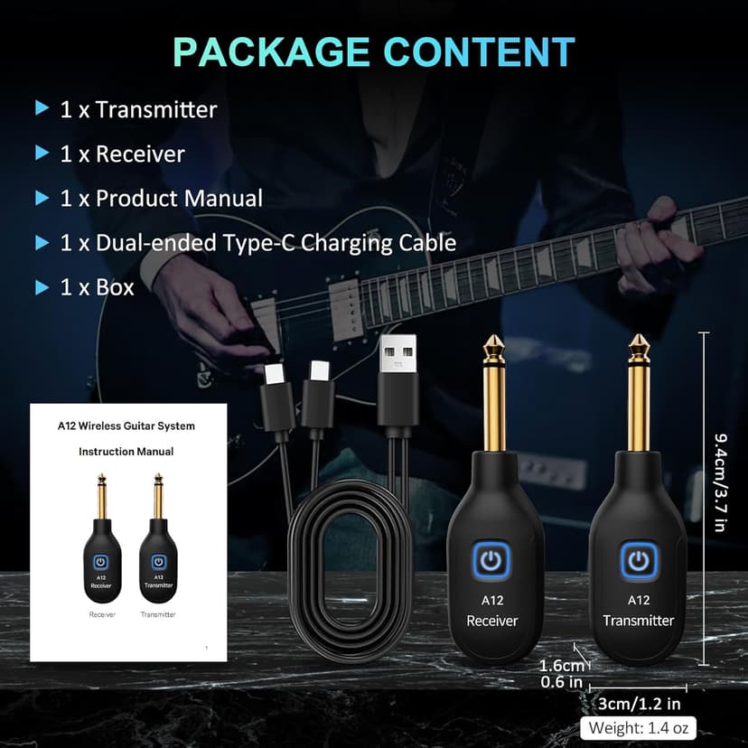 A12 Wireless Guitar Transmitter Receiver - 2.4GHz System, 24-bit 48KHz Audio, 100ft Range, No Latency, Rechargeable, Easy Pairing for Electric Guitar & Bass - Accessories (1TX+1RX)