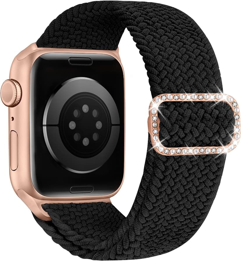 KYISGOS Stretchy Solo Loop Compatible with Apple Watch Band 42mm 41mm 40mm 38mm Women, Nylon Strap with Bling Pearl and Diamond Buckle for iWatch Series 11 10 9 8 7 6 5 4 3 2 1 SE (Black/Rose Gold)
