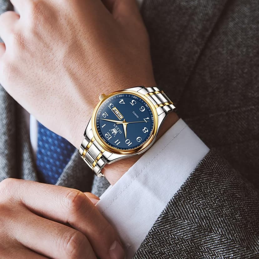 OLEVS Men's Casual Stainless Steel Watch, Big Face Easy to Read Analog Quartz Watch with Day and Date, Classic Waterproof Diamond Roman Arabic Numerals Dial Dress Watch for Men, Gold Silver Black Band