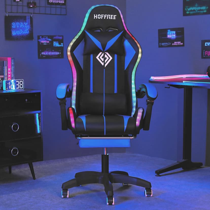 HOFFREE RGB Gaming Chair with Speakers Massage Computer Gaming Chair with LED Lights and Footrest High Back Video Game Chair for Adults Blue and Black