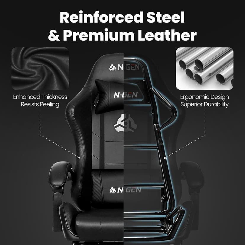 N-GEN GAMING Video Gaming Chair with Footrest Lumbar Support for Home Office High Back Recliner Height Adjustable Ergonomic Comfy Leather Computer Desk Chair (Black)