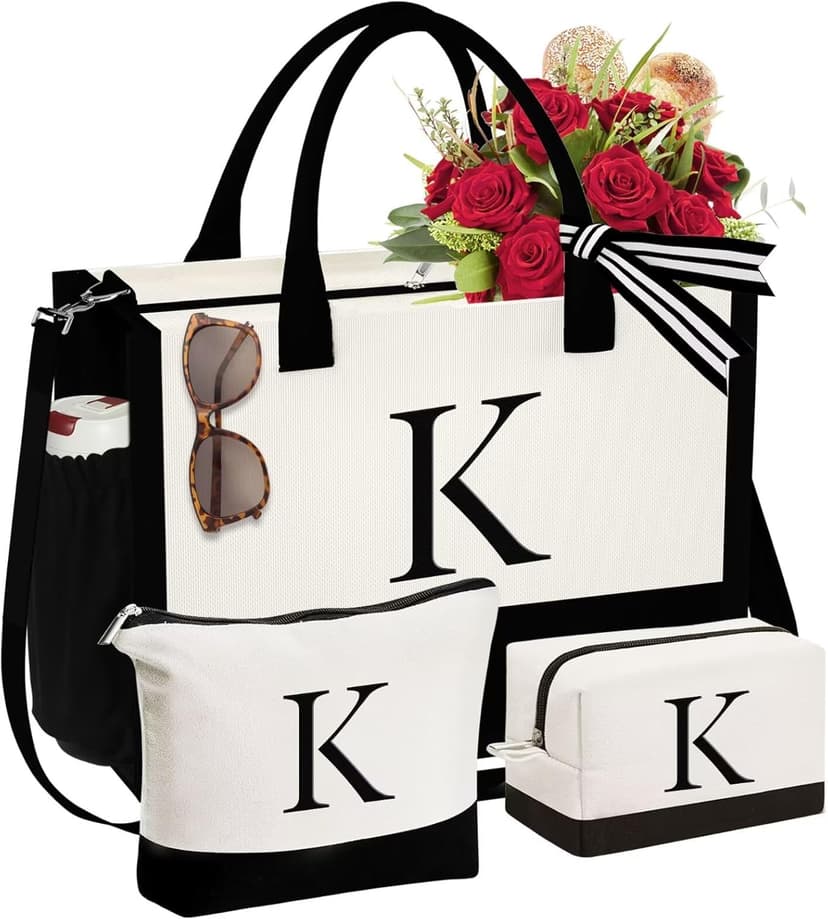 YOOLIFE Initial Canvas Tote Bag & Makeup Bag, Birthday Gifts for Women Mom Sister Friends, Bridesmaid Wedding Gifts