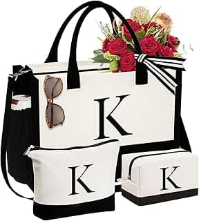 YOOLIFE Initial Canvas Tote Bag & Makeup Bag, Birthday Gifts for Women Mom Sister Friends, Bridesmaid Wedding Gifts