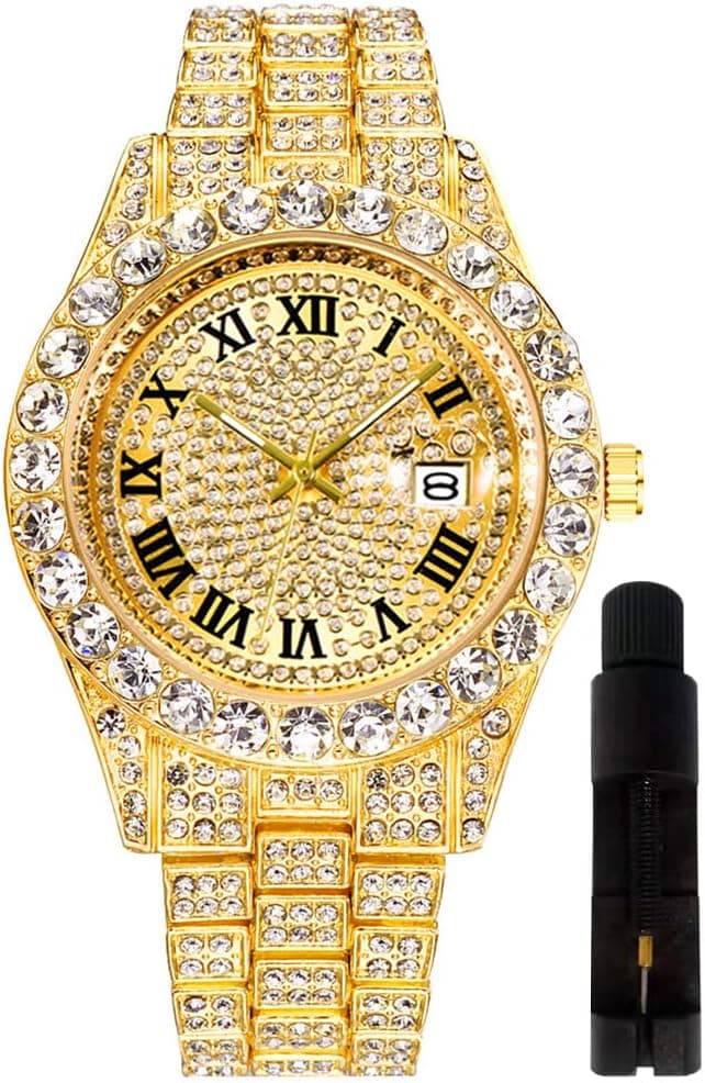 HUNRUY Hip Hop Watches for Men Iced-Out Bling Diamond Luxury Quartz Watches with Date