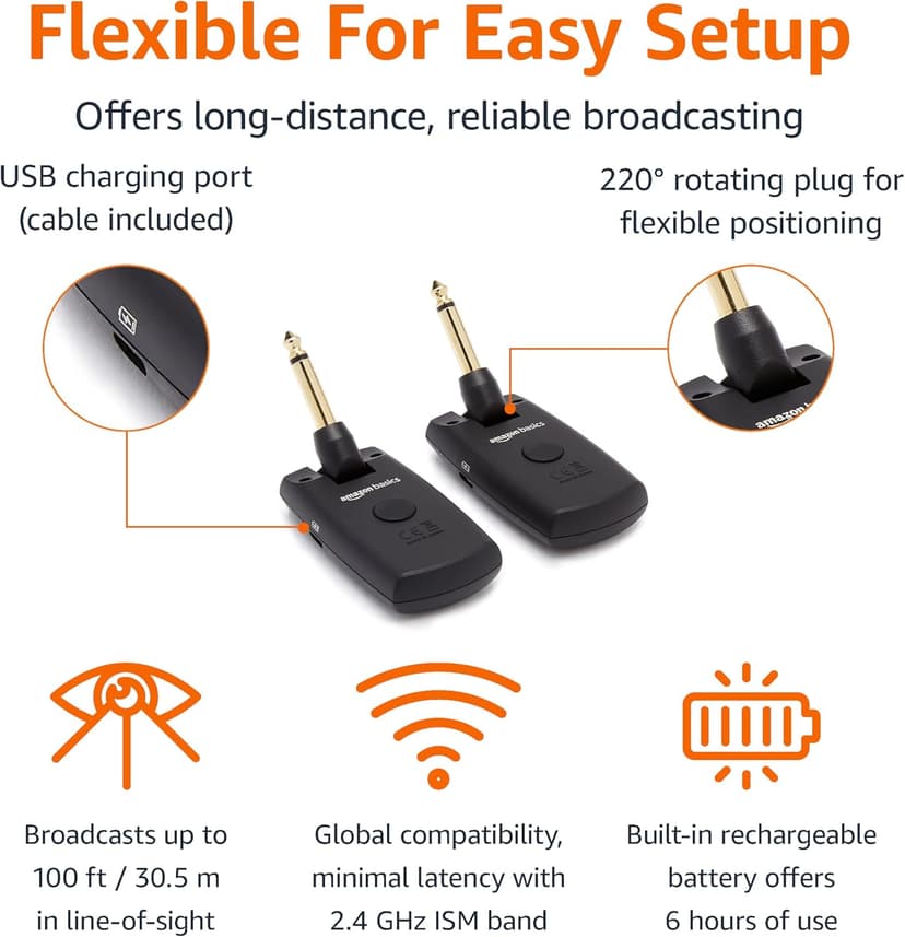 Amazon Basics Digital Wireless Guitar System Transmitter/Receiver with Rechargeable Batteries, Black