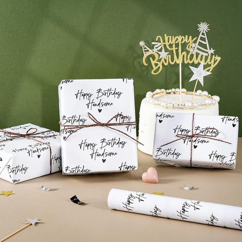 WRAPAHOLIC Birthday Wrapping Paper for Men - Mini Roll - 17 Inch x 16.5 Feet - Happy Birthday Handsome Design for Special Friend, Boyfriend, Husband