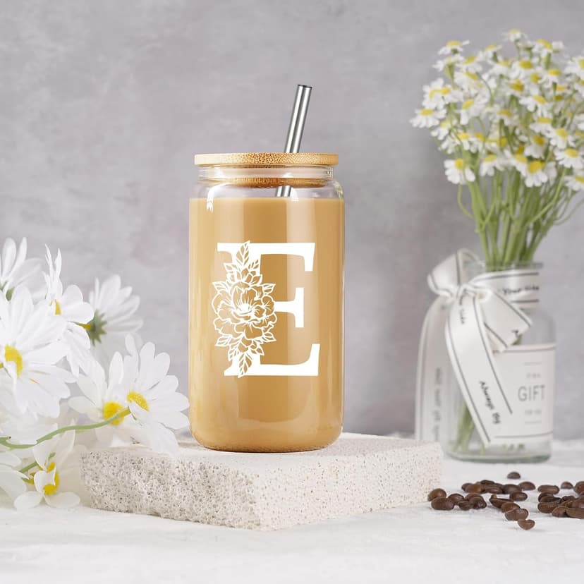 Coolife Initial Glass Cup, Monogrammed Gifts for Women, 16 oz Glass Cups w/Lids Straws, Iced Coffee Smoothie Beer Tumbler w/Straw Lid - Personalized Christmas, Birthday Gifts for Her Mom Friend Woman