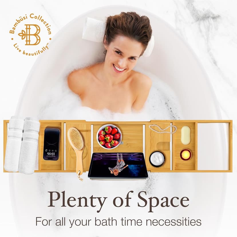 Bathtub Tray - Expandable Bamboo Bath Tray for Tub with Wine Glass Holder, Book & Tablet Stand - Wooden Bathtub Caddy Tray Table for Bathroom Accessories, Spa Relaxation, Housewarming & Wedding Gift