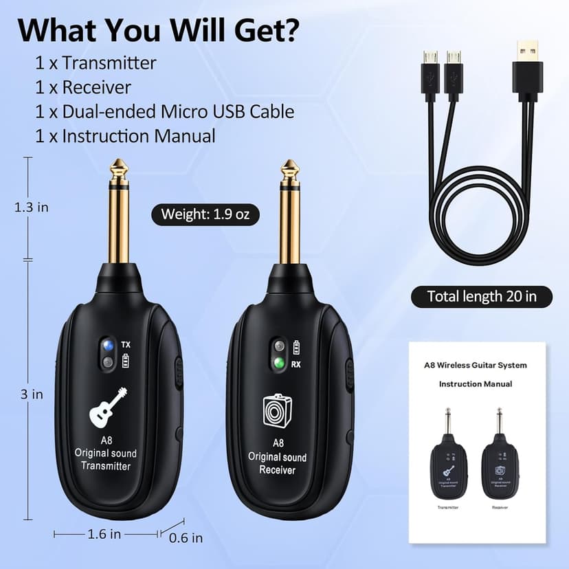 A8 Wireless Guitar Transmitter Receiver System, 2.4GHz Rechargeable, 24-bit/48KHz Audio, Low Latency <4ms for Electric Guitar & Bass, Wireless Audio Transmitter & Receiver (A8(1TX+1RX))