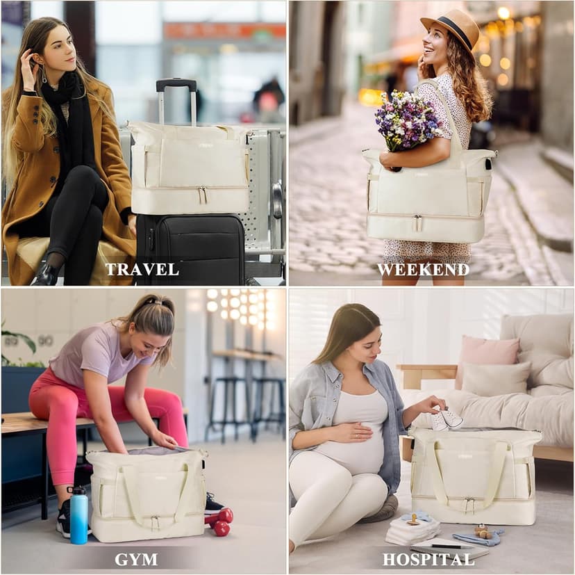 ETRONIK Gym Bag for Women, Personal Item Travel Bag with Shoes Compartment, Weekender Overnight Duffel Bag with Wet Pocket & USB Charging Port, Carry On Bag for Women, Travel, Gym, Weekend (Beige)