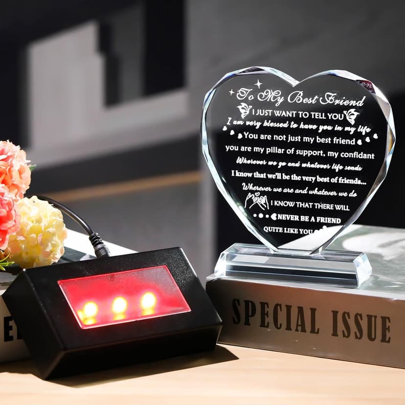 YWHL Best Friend Birthday Gifts with LED Base Bestie Gift for Women Crystal Heart Friendship BFF Gifts for Women Gift Ideas for Best Friend Female on Christmas