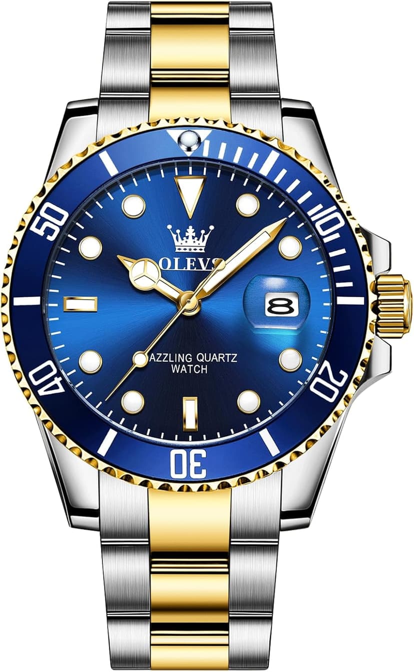 OLEVS Men's Stainless Steel Watch, Big Face Easy to Read Analog Quartz Dress Watches, Classic Rotating Bezel Waterproof Luminous Hands Date Mens Wristwatch