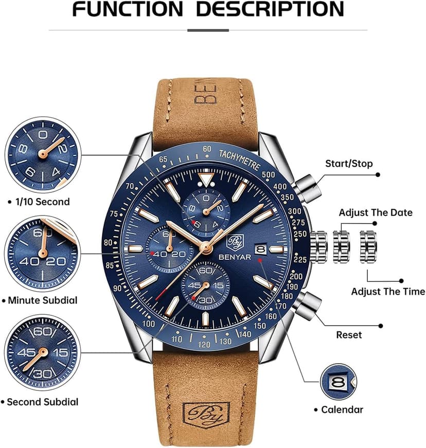 BENYAR BY BENYAR Watch for Men Analog Quartz Chronograph Waterproof Luminous Designer Mens Wrist Watches Business Work Sport Casual Dress Watch with Silicone Strap Elegant Gifts for Men