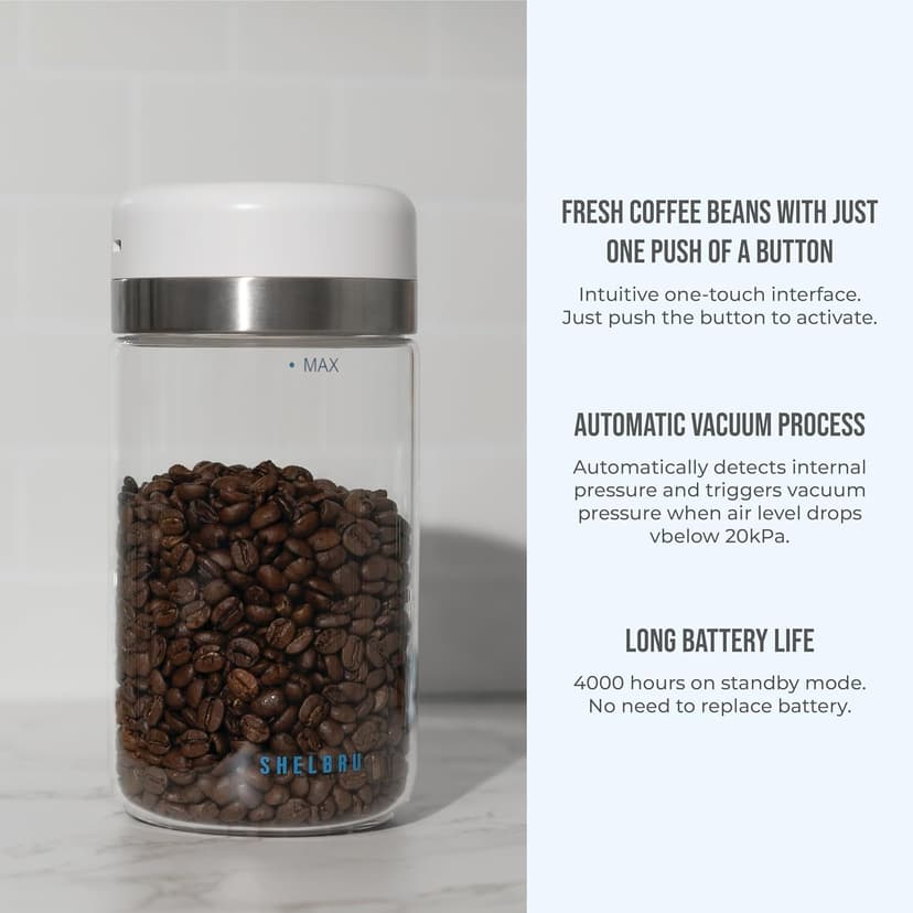 SHELBRU Smart Coffee Container & Food Storage w/Electric Vacuum Seal, Airtight Coffee Canister for Whole & Ground Bean Storage, Durable Borosilicate Glass Jar, Charging Cable Included, 10.5oz / 250g
